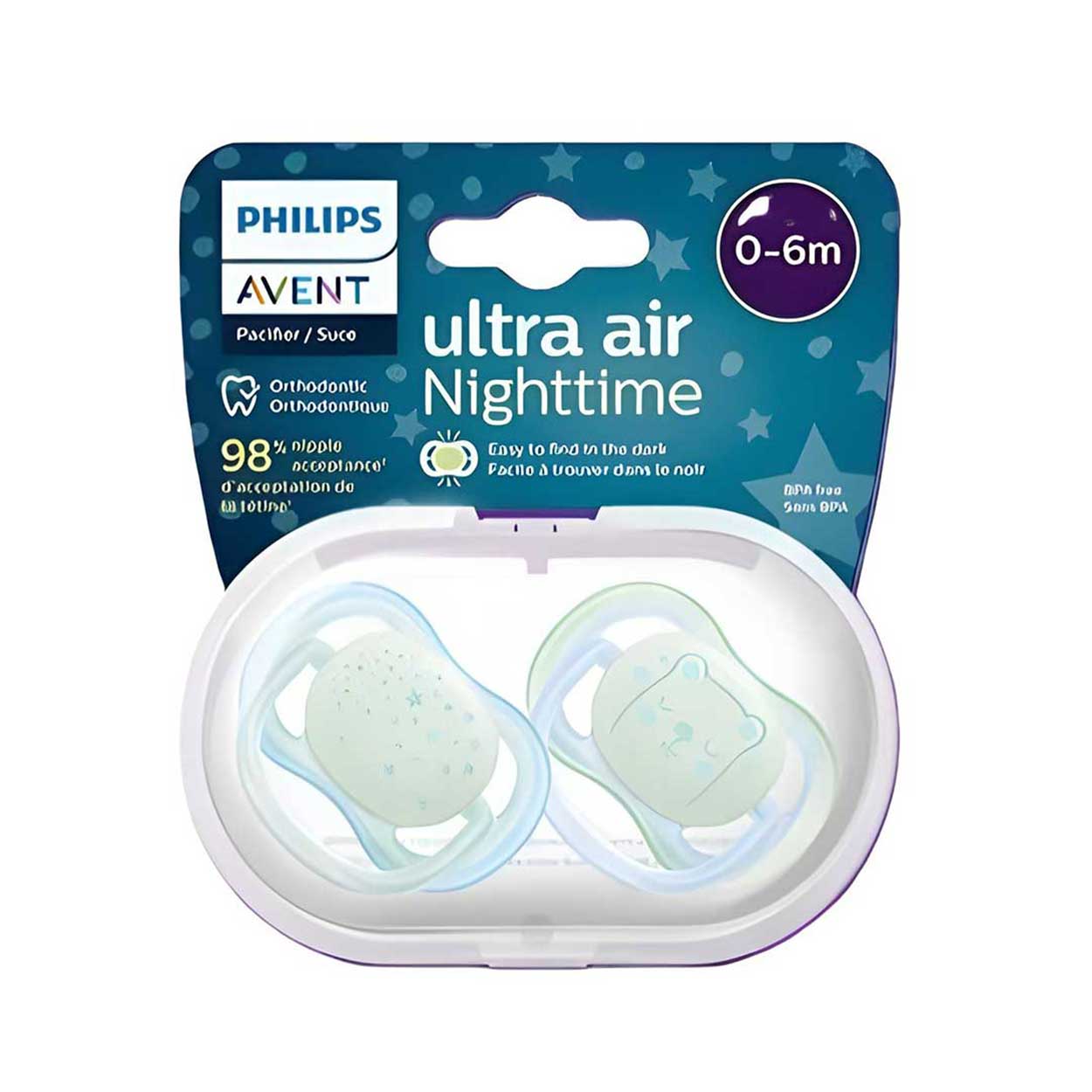 پستانک الترا ایر اونت scf376/11 پستانک شبتاب ۰ تا ۶ ماه دوتایی فیلیپس اونت PHILIPS AVENT سری UltraAir مدل SCF376/11