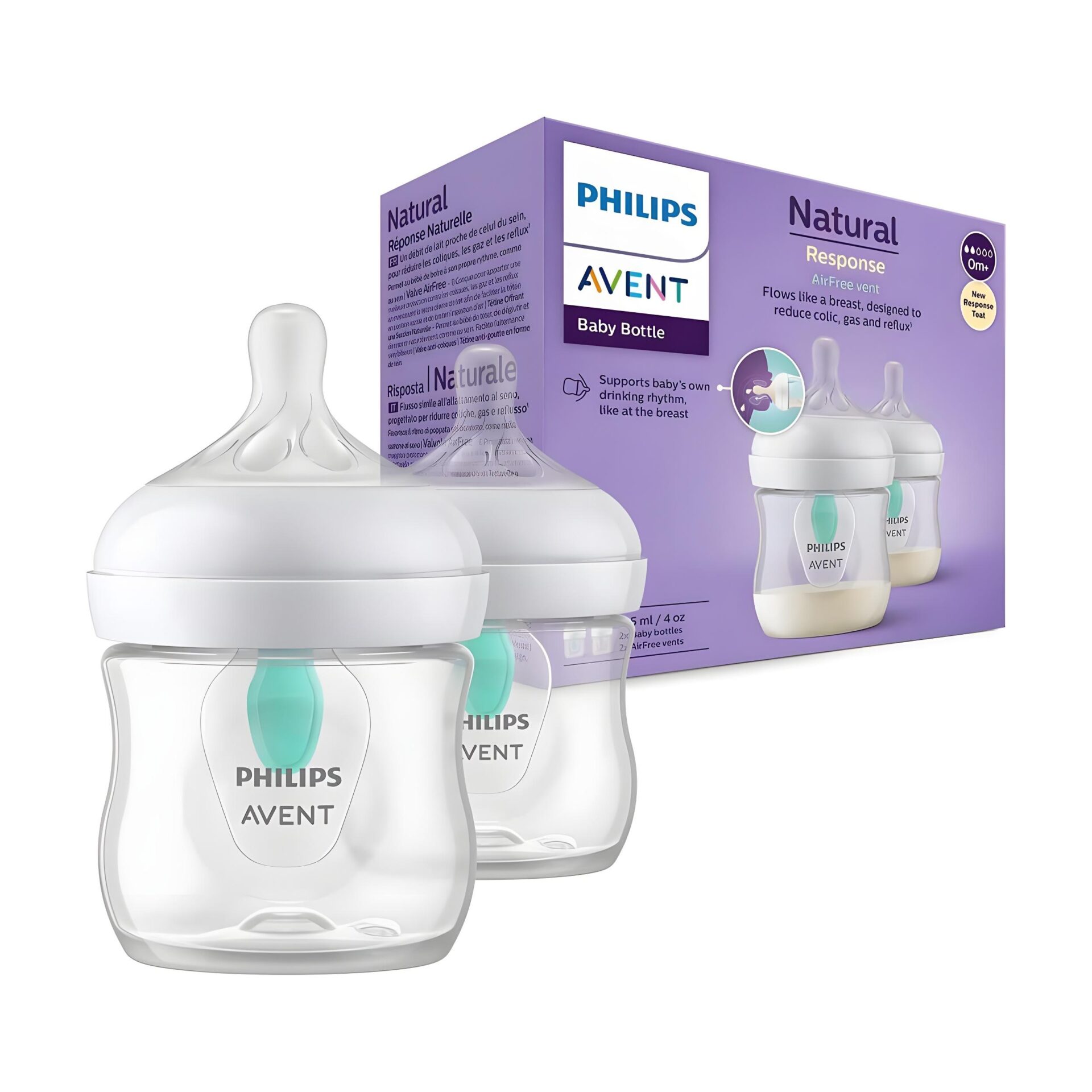 125ml airfree duble bottle cover شیشه شیر نچرال ۱۲۵ میلی لیتر با سوپاپ AirFree فیلیپس اونت PHILIPS AVENT سری Response – بسته دوتایی